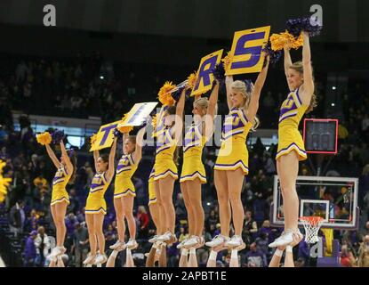 Baton Rouge, LA, USA. Januar 2020. Die LSU Cheerleader halten Zeichen nach ihrer NCAA Basketballaktion zwischen den Florida Gators und den LSU Tigers im Pete Maravich Assembly Center in Baton Rouge, LA. Jonathan Mailhes/CSM/Alamy Live News Stockfoto