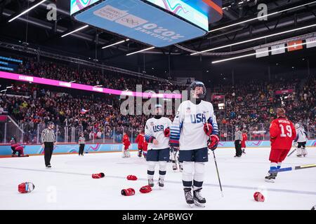Lausanne, Vaudoise Arena, YOG 2020 - Herren - Finale (Gold), Russland. Januar 2020. USA, Team Russland gewinnt olympische Goldmedaille. Team USA ist Silbermedaillengutschrift: SPP Sport Press Foto. /Alamy Live News Stockfoto