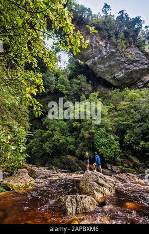 Wanderer, die den Oparara Arch, am Felsbrocken am Oparara River, Regenwald, Kahurangi National Park, West Coast Region, South Island, Neuseeland betrachten Stockfoto