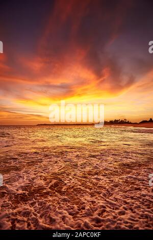 Tropischer Strand bei schönem Sonnenuntergang, Sri Lanka. Stockfoto