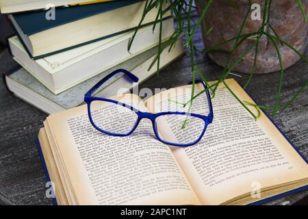 VIERSEN, DEUTSCHLAND - 21. AUGUST. 2019: Blick auf ein offenes gelobtes Buch mit blauer Lesebrille und Stapel alter Bücher auf runder Holztafel. Saftige Pflanze B. Stockfoto