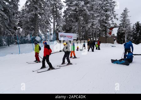 Ilgaz/Türkei- 19. Januar 2020: Glückliche Frau im Winter mit Ski-Googles auf einem Ski-Trip mit Haltestangen Stockfoto