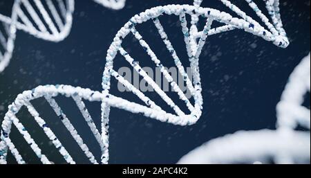 DNA-Nahaufnahme auf blauem Hintergrund, 3D-Rendering. Stockfoto