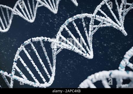 DNA-Nahaufnahme auf blauem Hintergrund, 3D-Rendering. Stockfoto