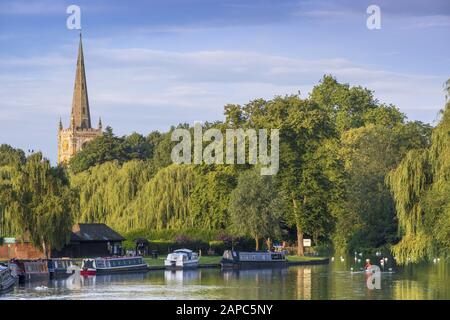 Blick auf den Fluss Avon, gesäumt von Weidenbäumen, und die Turmspitze der Holy Trinity Kirche (Shakespeares Grabstätte), Stratford-upon-Avon Stockfoto