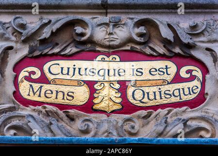 The Pepys Library Cambridge Mottos, Magdala College, Universität Cambridge. Pepys Motto "Mens cujusque is est quisque" - Der Verstand ist der Mann von Cicero Stockfoto