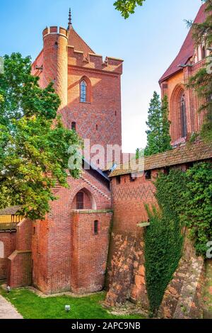 Malbork, Pomerania/Polen - 2019/08/24: Hohe Burgfestungsmauern und Befestigungsanlagen der mittelalterlichen Burg des Deutschen Orden in Malbork, Pola Stockfoto