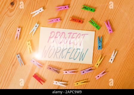 Textzeichen, das den Projektworkflow anzeigt. Geschäftsfoto mit einer Reihe von Schritten, die durchgeführt werden müssen, um Aufgaben Zu erledigen Farbige Wäschepapiere leer Stockfoto