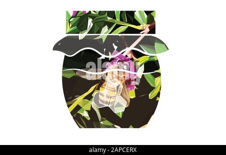 Niedrige Poly Illustration einer Biene in einem Honigtopf Stockfoto