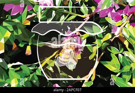 Niedrige Poly Illustration einer Biene in einem Honigtopf mit Hintergrund Stockfoto