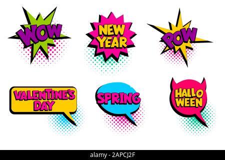 Halloween, Pow, neues Jahr setzen Sprechblase Comic-Text Stock Vektor