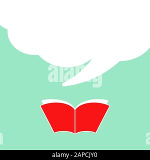 Offenes Buch mit rotem Buchcover und großer weißer Sprechblase. Isoliert auf türkisfarbenem Hintergrund. Vektorgrafiken mit flacher Leselektüre. Anführungslogo. Stock Vektor