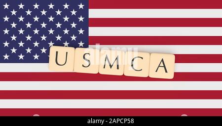 Abkommen zwischen den Vereinigten Staaten und Mexiko und Kanada: Buchstabenkacheln USMCA Auf US-Flagge, 3D-Abbildung Stockfoto