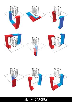 Sammlung von neun Wärmepumpen-Diagrammen am Beispiel des Mehrfamilienhauses, die die Nutzungsmöglichkeiten der Wärmepumpe aufzeigen Stock Vektor