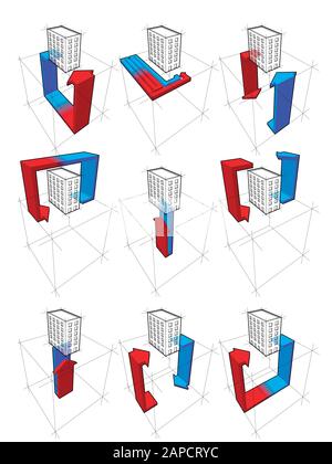 Sammlung von neun Wärmepumpen-Diagrammen am Beispiel des Mehrfamilienhauses, die die Nutzungsmöglichkeiten der Wärmepumpe aufzeigen Stock Vektor