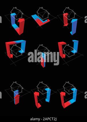 Sammlung von neun Wärmepumpen-Diagrammen am Beispiel des Hauses, die die Nutzungsmöglichkeiten der Wärmepumpe aufzeigen Stock Vektor