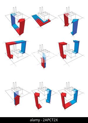 Sammlung von neun Wärmepumpen-Diagrammen am Beispiel des Werks, die die Nutzungsmöglichkeiten der Wärmepumpe aufzeigen Stock Vektor