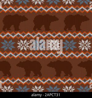 Braunbär und Schneeflocken. Nahtloses, winterliches Strickmuster aus Wollstoff Stock Vektor