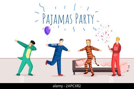 Pyjamas Party-Vektor-Vorlage mit flachem Banner. Übernachtung, Schlafplatz, festliches Werbeplakat für Veranstaltungen. Fröhliche Teenager-Kinder feiern in lustiger Pyjama-Illustration mit Typografie Stock Vektor