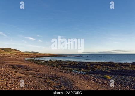 Der Strand von Shingle und Rocky, der neben dem Küstenpfad zwischen Johnshaven und Inverbervie bei Ebbe an einem sonnigen Januar-Morgen zu sehen ist, Stockfoto