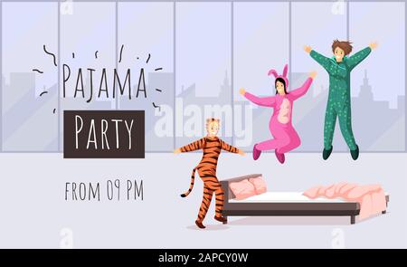 Pajama Party flaches Banner Vektorvorlage. Sleepover, Einladung zur Übernachtung, Werbeplakat für Jungpartys. Fröhliche Freundinnen in lustiger Pyjama-Illustration mit Typografie Stock Vektor