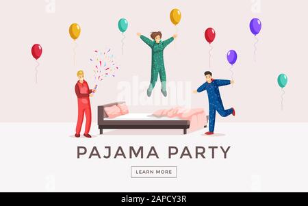 Web-Banner-Vektorvorlage für Pajama Party. Landing Page für Übernachtungen, Sleepover, Slumber Party Poster Konzept. Fröhliche junge Freunde in Schlafanzug, die eine lustige flache Illustration mit Typografie haben Stock Vektor