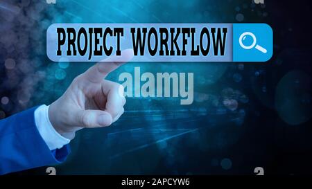 Textzeichen, das den Projektworkflow anzeigt. Geschäftsfoto mit einer Reihe von Schritten, die für die Durchführung von Aufgaben erforderlich sind Stockfoto