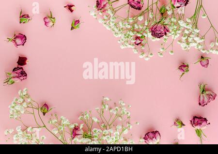 Wunderschöner Blumenstrahmen für Grußkarte auf pastellrosa Hintergrund. Leerzeichen für Text. Flaches Lay Stockfoto