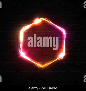 Neon-Licht-Banner mit sechseckigen Formen auf schwarzem Backstein-Wandhintergrund. Dunkelrotes 3D-Schild mit Sternenblitz für Vorlage für das Design der Nightlife Bar Club Street. Retro Stock Vektor