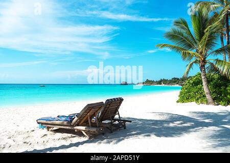 Panoramablick auf einen schönen sonnigen Tag am Strand auf den Malediven. Tropisches Reisekonzept. Stockfoto