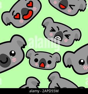 Nahtloses Muster mit niedlichen kawaii emoji koalas. Vektor-Cartoon-Illustration Stock Vektor