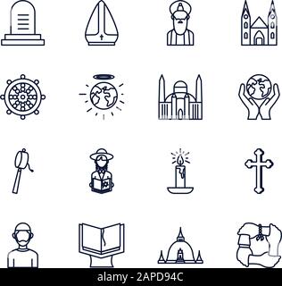 Iconsatz der Welt religiöse Weltsymbole Vektordesign Stock Vektor