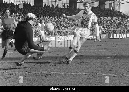 AJAX gegen PSV 4-1, Piet Keizer erzielte das 2. Ajax-Tor, linker Torhüter Jan van Beveren Datum: 12. März 1972 Ort: Amsterdam Schlagwörter: Torhüter, Sport, Fußball persönlicher Name: Beveren, Jan van, Keizer, Piet Stockfoto