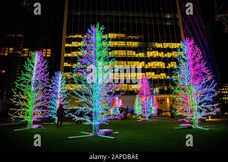 "asha Trees" von Adam Decolight auf dem Canary Wharf Winter Lights Festival 2020, London, Großbritannien Stockfoto