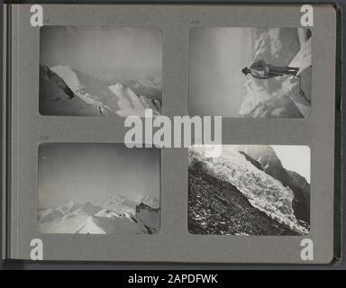 Fotoalbum Fischer: Schweden, Finnland, Alpen, 1919-1922 Beschreibung: Album-Blatt mit vier Fotografien. Oben links: Blick von der Spitze des Täshhorns nach Süden. Auf der linken Seite des Bildes die Kathedrale, im Hintergrund das Matterhorn. Oben rechts: Eine der Führungen oben auf dem Täschhorn. Weisshorn im Hintergrund. Links unten: Blick vom Täschhorn nach Süden. Von links nach rechts Strahlhorn, Allinhorn, Monte Rosa und Lyskamm. Unten rechts: Hohberger Gletscherzunge Datum: 1. Januar 1919 Standort: Alpen, Zermatt, Schweiz Stichwörter: Berge, Führer, Gletscher Stockfoto