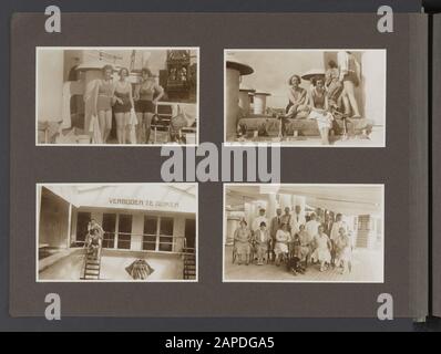 Fotoalbum Fisherman. England, Italien, British Indies Beschreibung: Albumblad mit vier Fotos. Oben links: Drei Damen, im Badeanzug, am Pool des Marnix von St. Aldegonde. Oben rechts: Zwei Damen im Badeanzug sitzen auf Deck auf einer Höhe. Unten links: Ein Mann und eine Frau sitzen oben oder hinter einer kleinen Treppe vom Marinepool. Unten rechts: Anzahl der Passagiere, die zusammen mit drei Schiffsbeamten auf einem der Marnix-Schiffsdecks posieren. In der Mitte Jenny Visser-Hooft mit ihrem Hund Patiala. Anmerkung: Der Hund Patiala, ein tibetischer Mastiff, war ein Geschenk des Maharaja von Pitiala an Jenny Visser Stockfoto