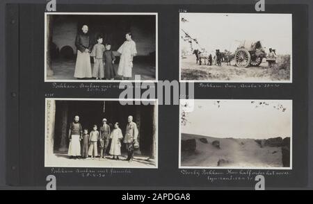 Fotoalbum Fisherman: Third Karakorum Expedition, Burma, Dutch East Indies 1930 Beschreibung: Albumblad mit vier Fotos. Links oben: Ein Amban mit Frau und Kindern in Poshkam; links unten: Ein Amban mit Frau und Kindern und Jenny Visser-Hooft (Mitte) und Expeditionmitglied J.A. Sillem (rechts); rechts oben: Die "Araber" in Poshkam; rechts unten: Ein Haus unter dem Wüstensand an Poshkam Annotation: Ambanen vertrat die Interessen des chinesischen Imperators Datum: 28. April 1930 Ort: China, Karakoram, Karakorum, Poshkam Schlüsselwörter: Transport, Wüsten Personenname: Sillem, J.A., Visser-Hoof Hoen Stockfoto