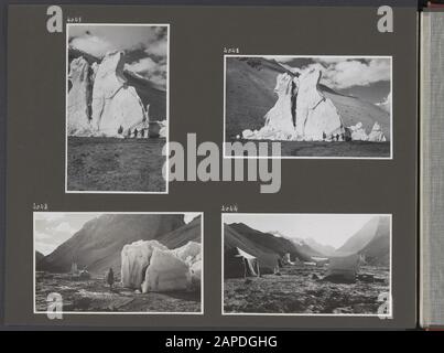 Fotoalbum Fisherman: Second Karakorum Expedition Beschreibung: Album-Blatt mit vier Bildern. Links oben: Eisturm unten im Shaksgam-Tal. Oben rechts: Eisturm unten im Shaksgam-Tal. Links unten: Eisturm unten im Shaksgam-Tal. Unten rechts: Camp unten im Shaksgam-Tal Anmerkung: Diese Eistürme sind glaziale Überreste, die in einem natürlichen Reservoir schweben, der von Gletschern gebildet wird, die das Shaksgam-Tal schließen. Bei einem Durchbruch war der See leer und diese Eistürme blieben am Boden. Datum: 1.Januar 1935 Ort: China, Karakorum, Pakistan, Stockfoto