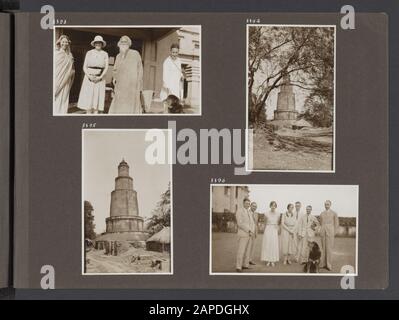 Fotoalbum Fisherman. England, Italien, British Indies Beschreibung: Albumblad mit vier Fotos. Oben links: Jenny Visser-Hooft neben einem Guru und auf beiden Seiten ein westlicher Mann und eine Frau in Sari. Im Vordergrund der Hund Patiali. Oben rechts: Blick auf einen riesigen, hohen Turm aus Backstein. Unten links, gleicher Turm aus nächster Nähe. Unten rechts: Eine Gruppe westlicher Damen und Herren, darunter in der Mitte Jenny Visser-Hooft mit ihrem Hund Patiala. Anmerkung: Der Hund Patiala, ein tibetischer Mastiff, war 1925 ein Geschenk des Maharaja von Patiala an Jenny Visser-Hooft. Datum: 1. Oktober 1931 Ort: Britisch Indien Stichwörter: Stockfoto