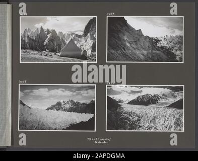 Fotoalbum Fisherman: Vierte Karakorum-Expedition, 1935 Beschreibung: Album-Blatt mit vier Fotos. Oben links: Camp at the Singye Glacier Tongue in the Shaksgam-Valley. Oben rechts: Zerfallende Seitenmoräne des Singye-Gletschers. Seitengletscher des Shaksgam-Tals. Unten rechts: Überblick über den Singye-Gletscher, einen Seitengletscher des Shaksgam-Tals. Datum: 1. Januar 1935 Ort: China, Karakorum, Pakistan, Shaksgam, Singye Schlüsselwörter: Expeditionen, Gletscher Stockfoto