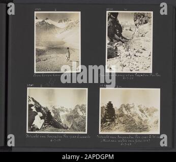 Fotoalbum Fisherman: Second Karakorum Expedition Beschreibung: Album-Blatt mit vier Bildern. Oben links: Blick nach Süden über Camp 48, oben rechts: Blick zwischen Camp 48 und Saipadin PIR Pass. Links unten: Blick vom Saipadin PIR Pass nach Süden. Unten rechts: Blick vom Saipadin PIR Pass nach Südwesten. Dieses Foto passt rechts auf das Bild unten links Datum: 1. Januar 1925 Ort: Karakorum, Pakistan, Saipadin Pir Schlüsselwörter: Expeditionen, Gletscher Stockfoto