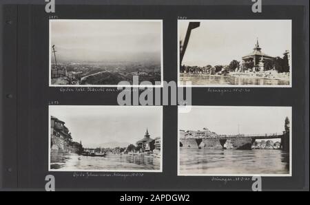 Fotoalbum Fisherman: Third Karakorum Expedition, Burma, Dutch East Indies 1930 Beschreibung: Albumblad mit vier Fotos. Links oben: Blick auf Srinagar vom Takt; links unten auf den Jhelum River in Srinagar; rechts oben: Blick auf das Ufer des Jhelum River in Srinagar; rechts unten: Brücke über den Jhelum River in Srinagar Datum: 14. August 1930 Ort: Indien Stichwörter: Brücken, Stadtbilder Stockfoto