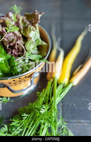 Salat, Grüns und Regenbogenkarotten wurden frisch aus dem Garten gepflückt, anschließend gewaschen und in einem Orangenkolander belastet. Stockfoto