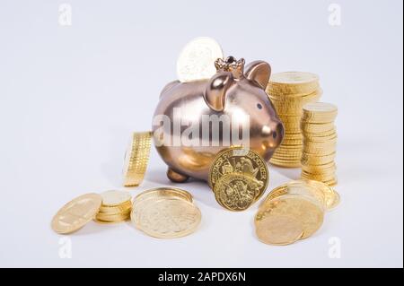 Sparschwein Mit Goldmünzen - Sparschwein und Goldmünzen Stockfoto