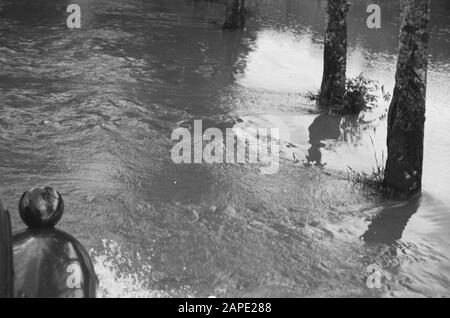 Banjoemas, Chinesische Kontrollkommission. Hafen von Tjilatjap. Waranedja Beschreibung: Auto, das durch das überschwemmte Gebiet fährt Datum: 10. Oktober 1947 Standort: Indonesien, Niederländische Ostindien Stockfoto