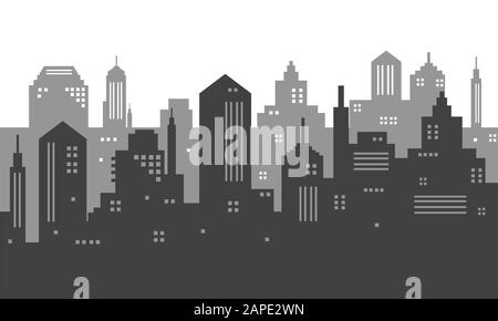 Abbildung einer Stadt mit Silhouette in Schwarzweiß Stock Vektor