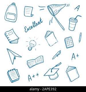 Hand gezeichnet von Hochschule, Studium Schule Element und gute Noten. Konzept der gute Noten, Bildung, Student, Schüler Studie für bacground Design. Doodle Skizze stil Vector Illustration. Stock Vektor