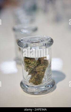 Vertikale Aufnahme einer Cannabisblüte in einem kleinen Glas Glas auf einer weißen Oberfläche Stockfoto
