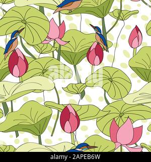 Kingfisher sitzt auf lotosblumen mit gepunktetem Hintergrund nahtlose Vektorwiederholung. Flächenmusterdesign Stock Vektor