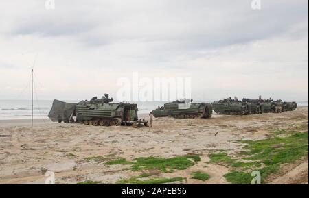 U.S. Marines mit 3rd Assault Amphibian Battalion bereiten AAV-P7/A1 Angriff amphibische Fahrzeuge für Strandlandungen auf Sektionsebene während Der Übung Iron Fist 2020 auf Marine Corps Base Camp Pendleton, Kalifornien, 20. Januar vor. Übungen wie Iron Fist verbessern die Fähigkeit des Marine Corps, schnell seegestützte Ressourcen bereitzustellen und militärische Kräfte überall auf der Welt bereitzustellen. (USA Foto des Marine Corps von Sgt. Desiree King) Stockfoto